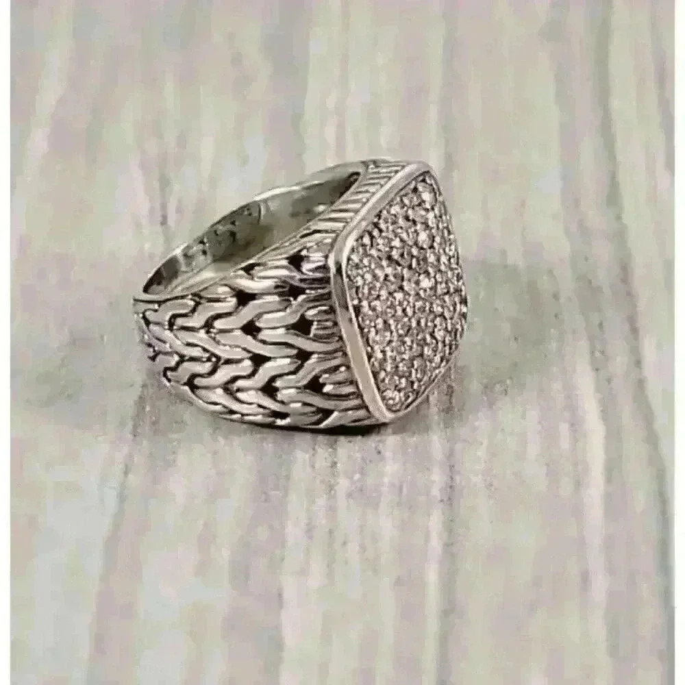 John Hardy Sterling Silver Classic Chain Signet Ring with Diamonds Size 8.75 - Picture 3 of 13